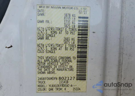 2015 Nissan Nv 1500 from USA, damaged, VIN 1N6BF0KM0FN802127